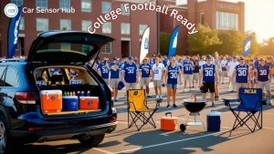 Organized SUV trunk with NCAA tailgating gear in stadium lot