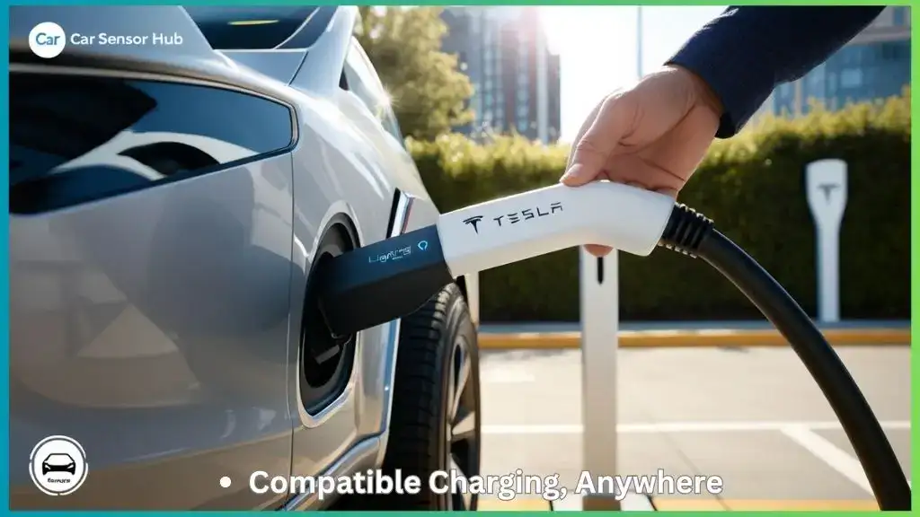 Tesla plug connected to Ford Lightning with charging adapter