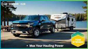 Chevrolet Silverado 1500 towing trailer at lakeside campsite, showcasing Towing Capacity of Chevrolet Silverado 1500.