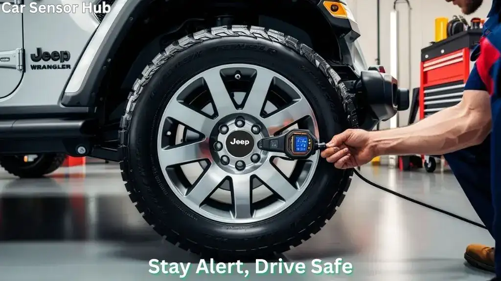 Mechanic installing a TPMS sensor on a Jeep Wrangler wheel