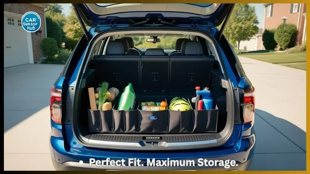 Ford Explorer trunk organizer with compartments holding groceries and gear.
