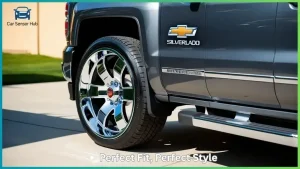 Chrome wheel cap on Chevrolet Silverado 1500 parked outdoors