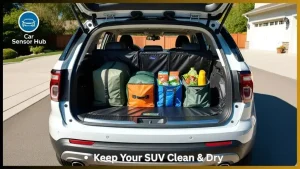 Ford Explorer trunk with waterproof cargo liner holding camping gear