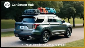 Ford Explorer with roof rack carrying kayak and camping gear