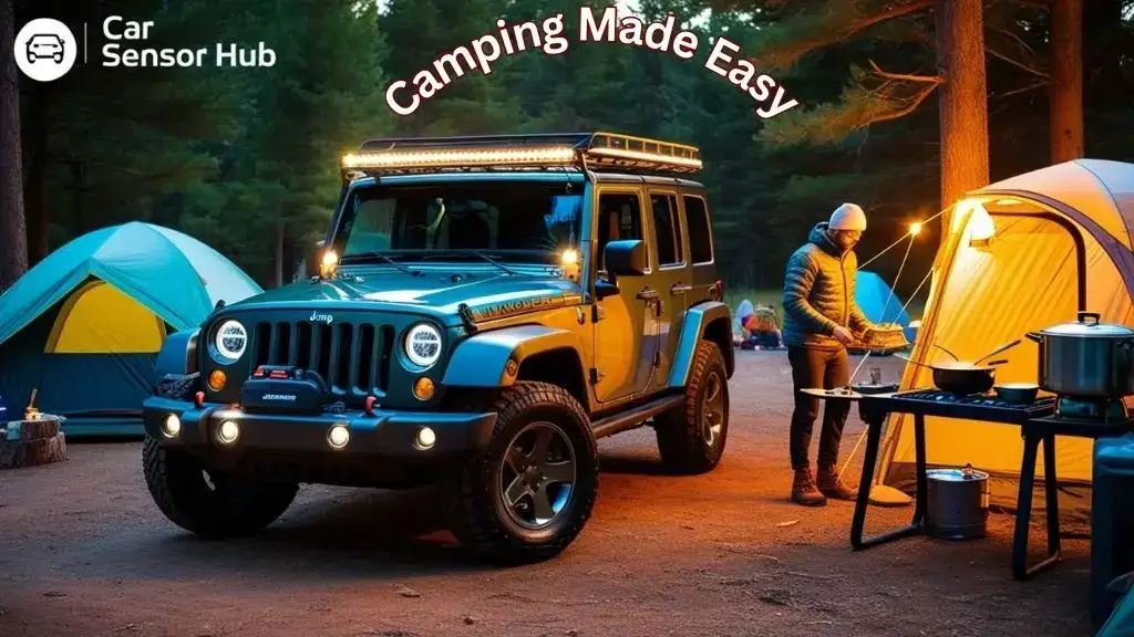 Jeep Wrangler with rooftop tent and camping accessories at a lakeside campsite