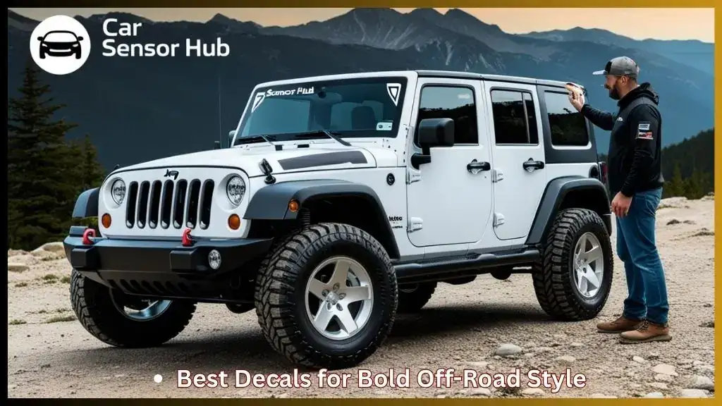 Jeep Wrangler with custom vinyl decals on mountain trail