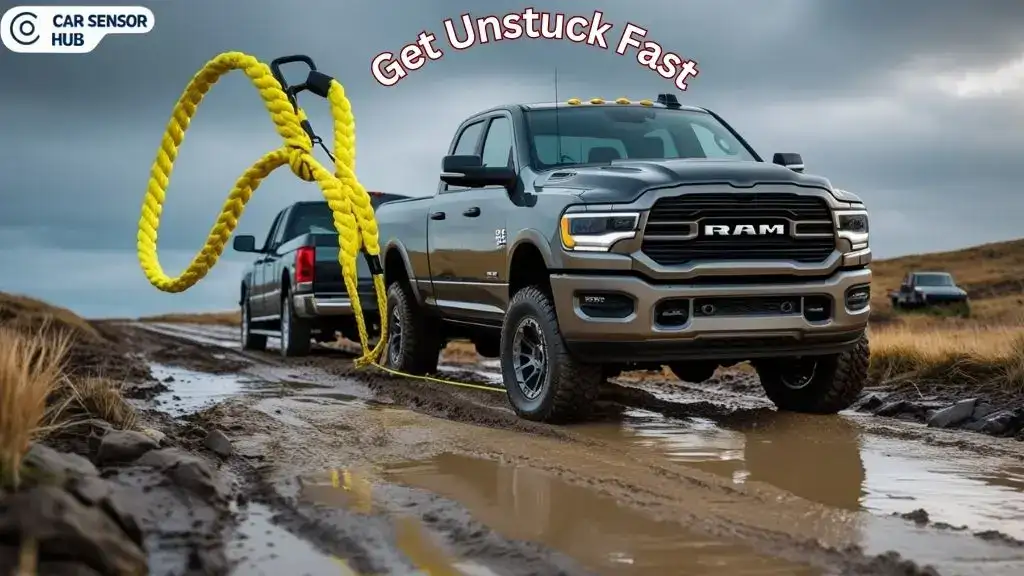 Ram 2500 being recovered with a heavy‑duty tow strap on muddy terrain