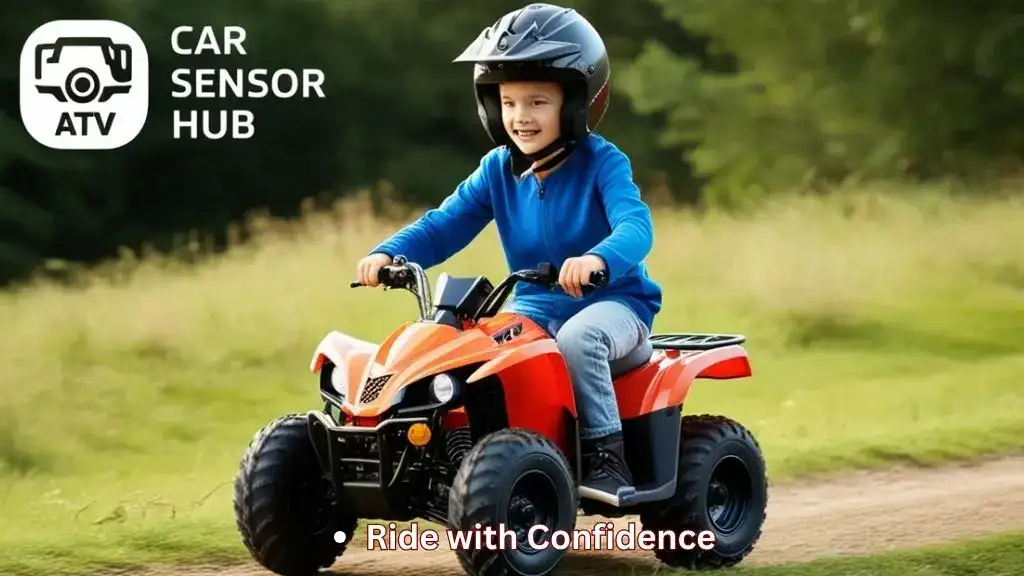 Child riding a gas powered 4 wheeler ATV with helmet outdoors