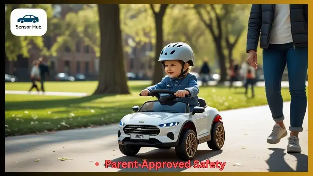 Toddler riding a small ride‑on car with helmet and parent supervision