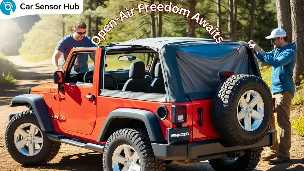 Two people installing a soft top on a Jeep Wrangler on a sunny trail