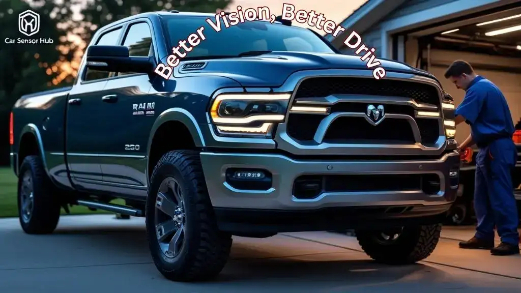 Ram 2500 with hood open during LED headlight installation
