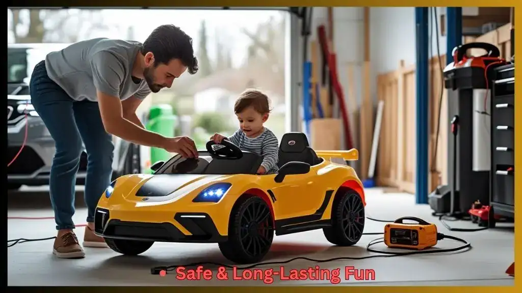 Parent maintaining and charging a toddler’s ride-on car battery