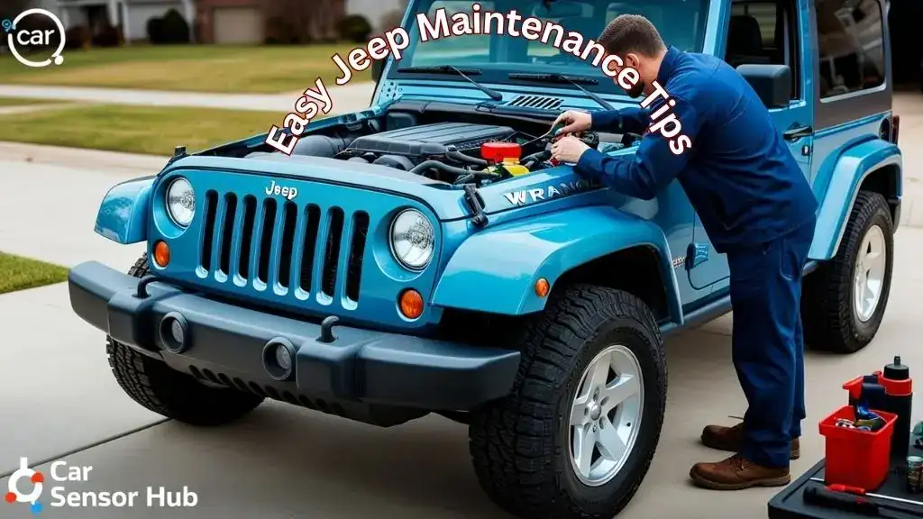 Beginner mechanic checking oil on a Jeep Wrangler in a driveway