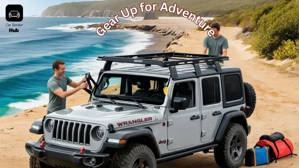 Two people installing a roof rack on a Jeep Wrangler on a coastal trail