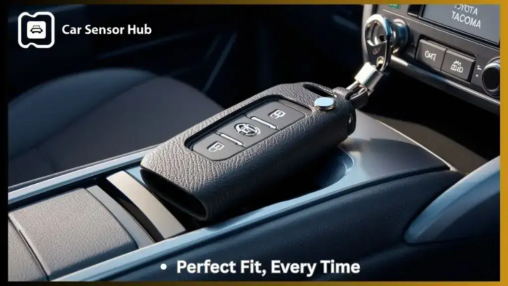 Toyota Tacoma key fob in protective cover on truck console