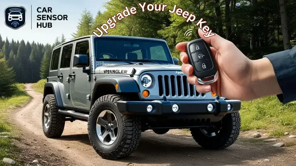 Person using a key fob to unlock a Jeep Wrangler on a forest trail
