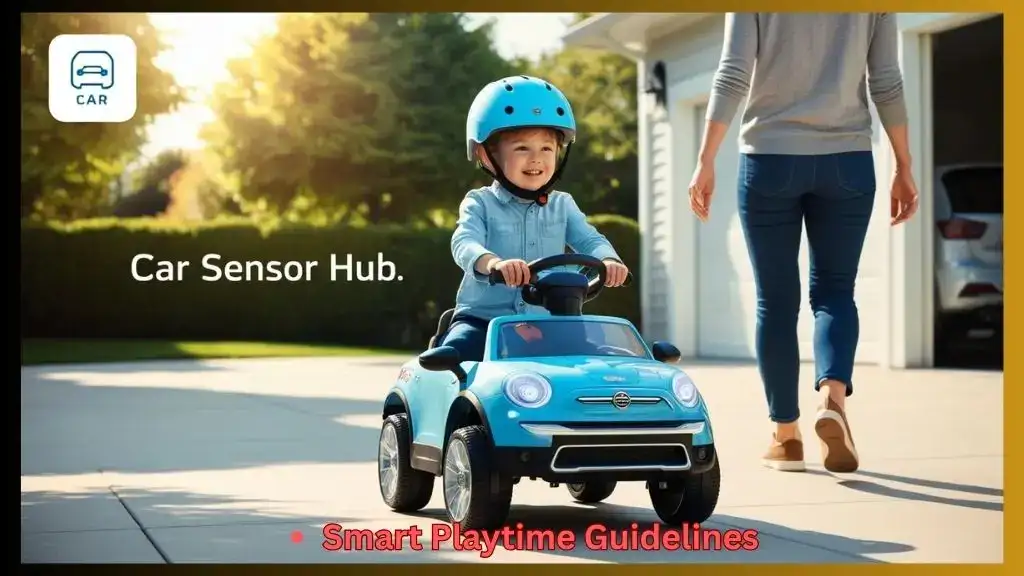 Child riding a toy car with helmet and parent supervising outdoors