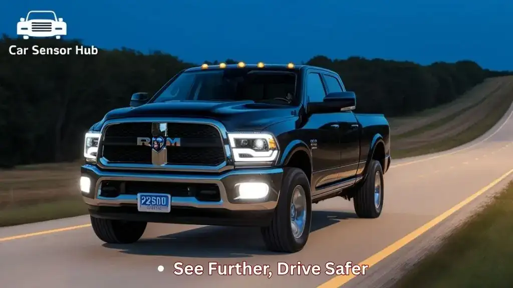 Ram 2500 with bright LED projector headlights at night