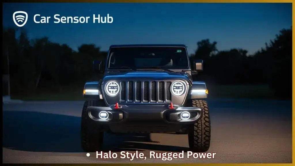 Jeep Wrangler with bright LED headlights glowing at dusk