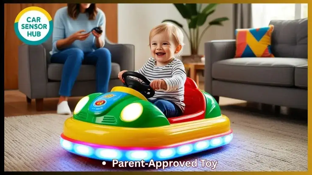 Toddler riding an electric bumper car with LED lights indoors