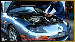 Mechanic inspecting Mazda RX-7 rotary engine for maintenance