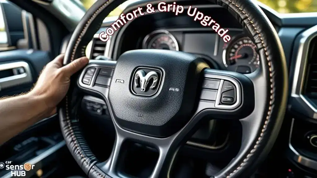 Close-up of Ram 2500 steering wheel with a premium leather cover installed