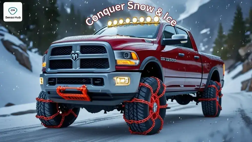 Ram 2500 with heavy‑duty tire chains installed on snowy road
