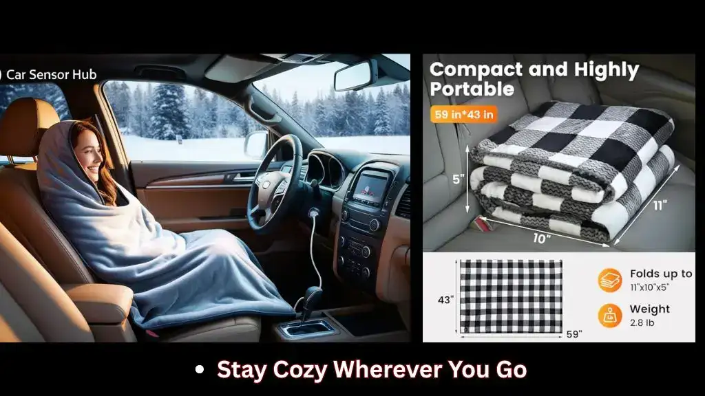 Passenger using a 12V heated car blanket inside a car during winter drive