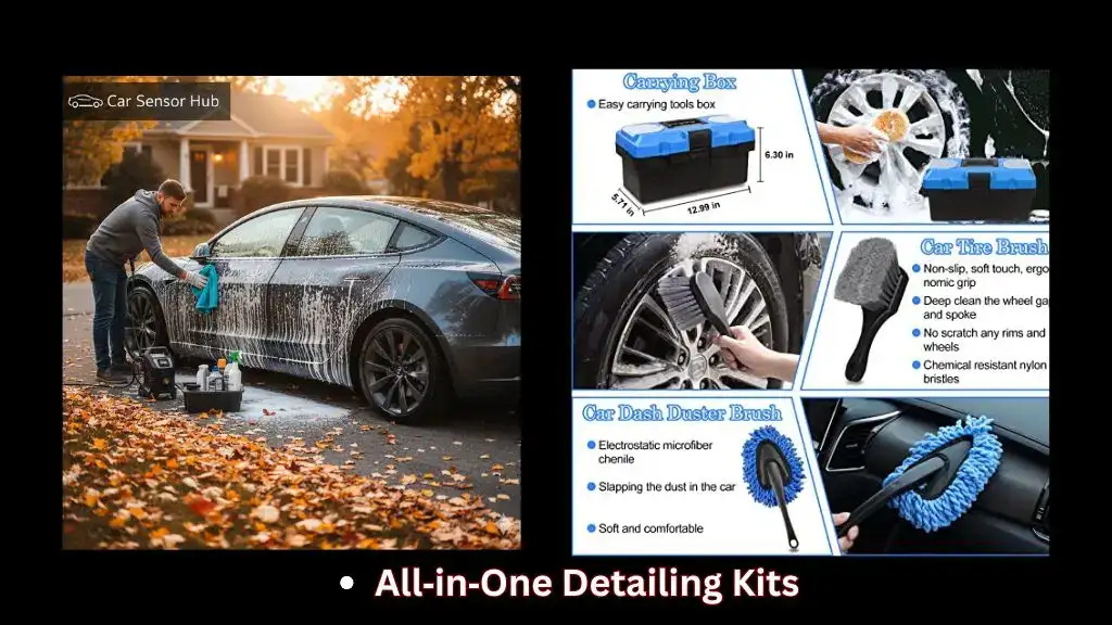 Car being cleaned with foam gun and microfiber towel using a fall cleaning kit