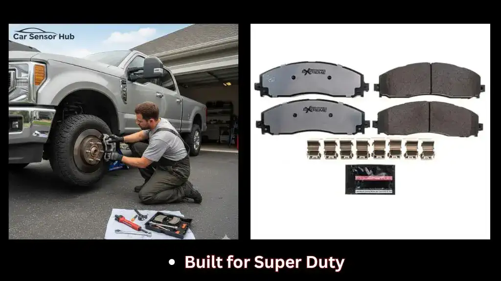 Mechanic installing new brake pads on Ford F‑250 Super Duty front wheel
