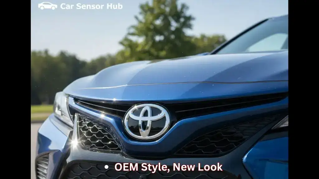 Toyota Camry front grille with new chrome emblem installed