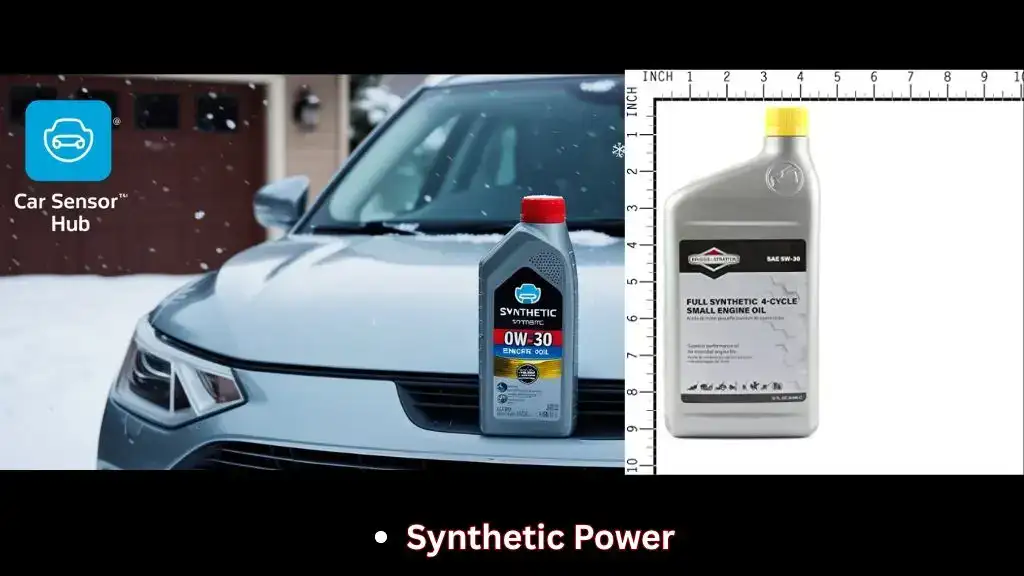 Bottle of synthetic 0W‑30 engine oil on a car hood in snowy driveway