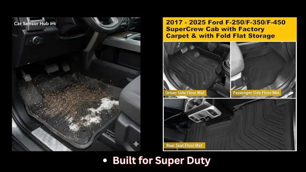 Ford F‑250 Super Duty interior with OEM all‑weather floor mats installed