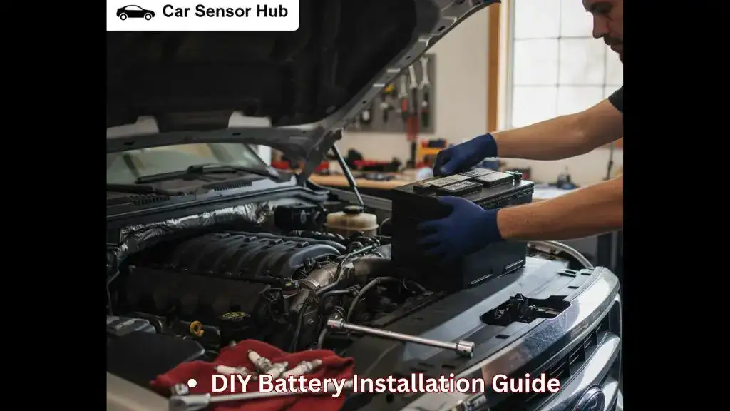 Person installing a new battery in a Ford F-250 engine