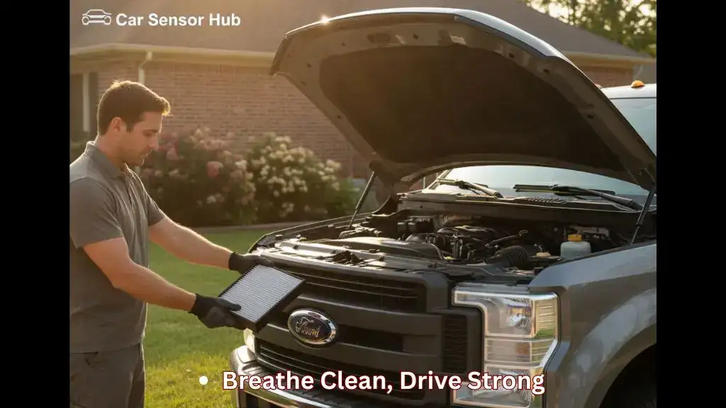 Mechanic replacing Ford F-250 engine air filter inside a garage