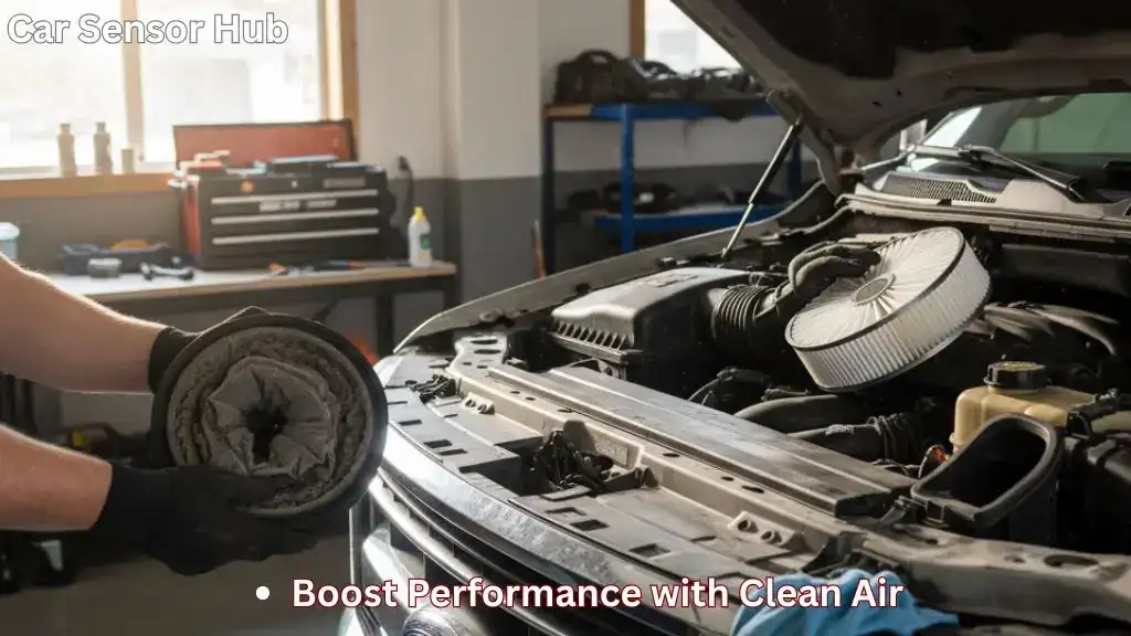 Person replacing engine air filter in a Ford F-250 truck