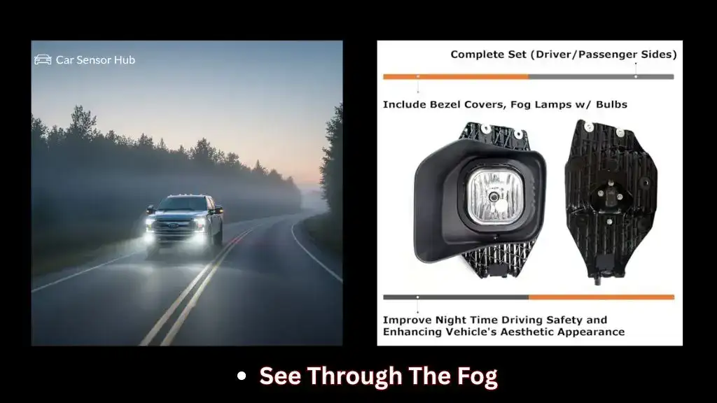 Ford F‑250 Super Duty with new LED fog lights installed, driving through fog