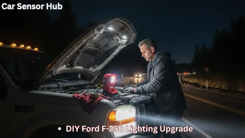Person installing LED headlights on a Ford F-250 at night