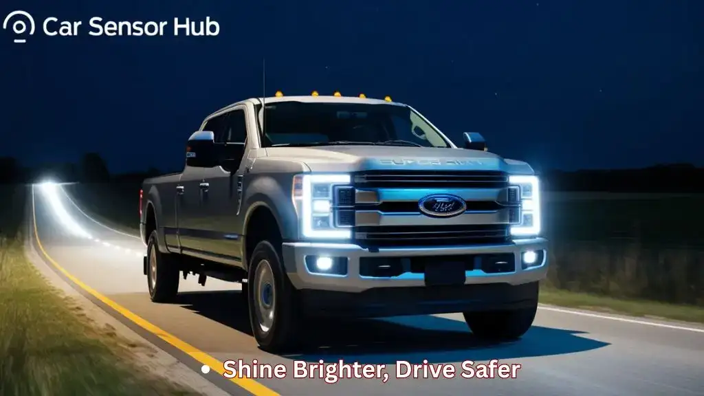Ford F‑250 Super Duty with upgraded LED headlights illuminating a dark road