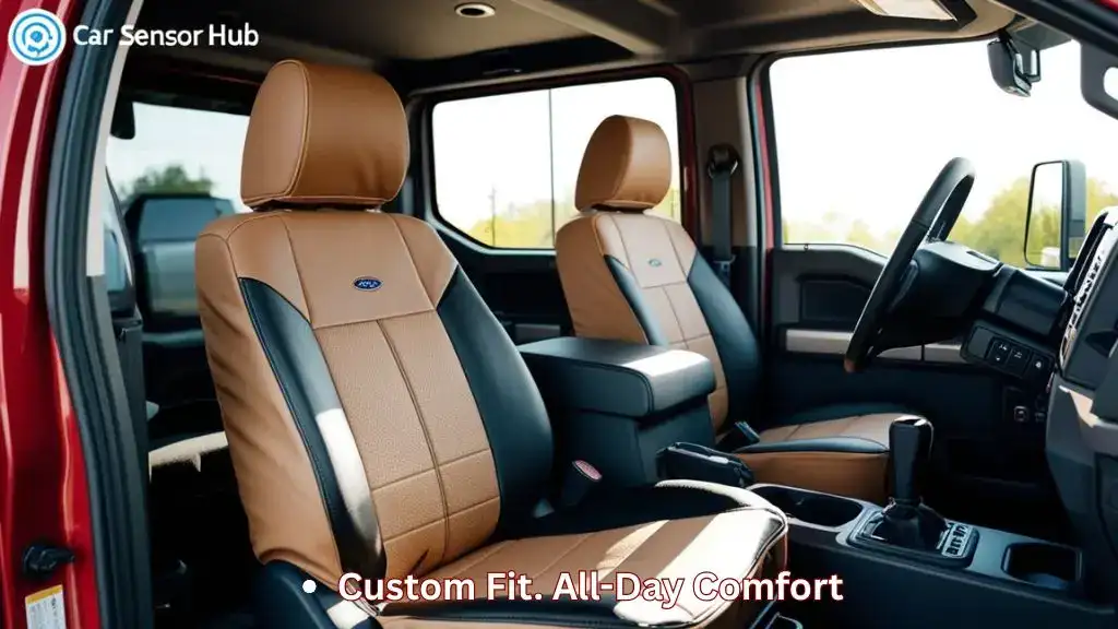 Custom waterproof seat covers installed in a Ford F-250 truck interior