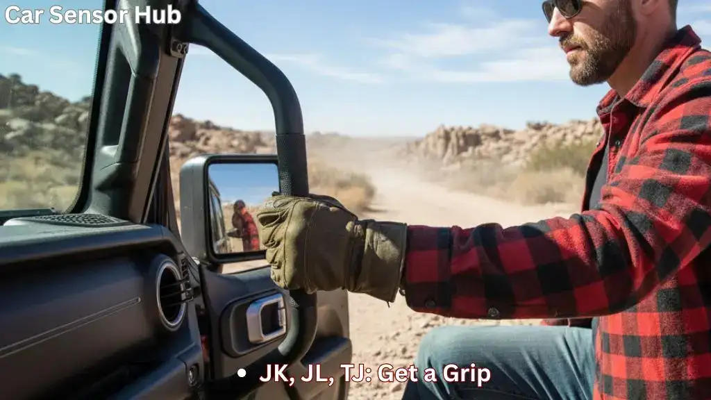 Driver using a black solid steel bolted grab handle to safely enter a lifted Jeep Wrangler on a dirt trail.