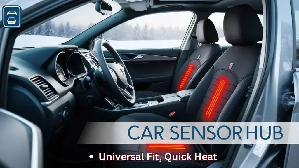 Driver using a heated car seat cover on a snowy morning commute