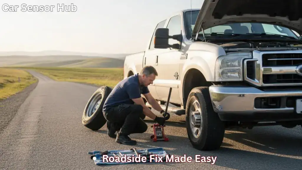 Ford F‑250 owner changing a flat tire on roadside with jack and tools