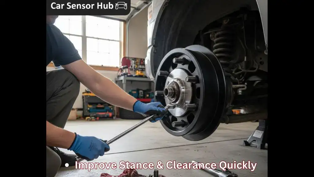 Person installing wheel spacers on a Ford F-250 in a garage