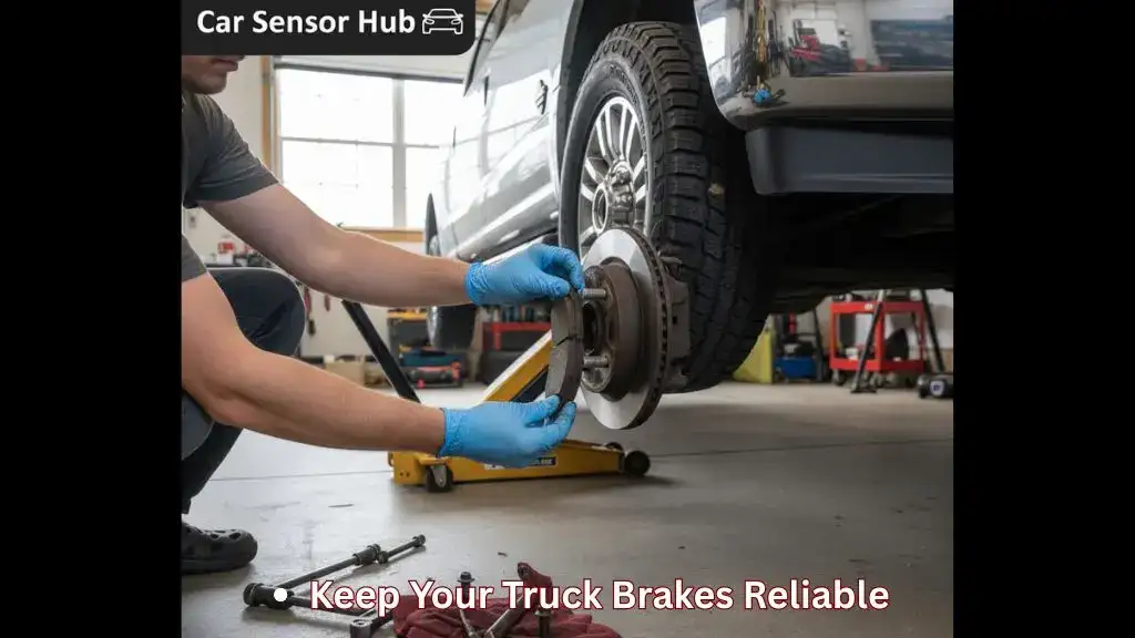 Person replacing brake pads on a Ford F-250 lifted in garage