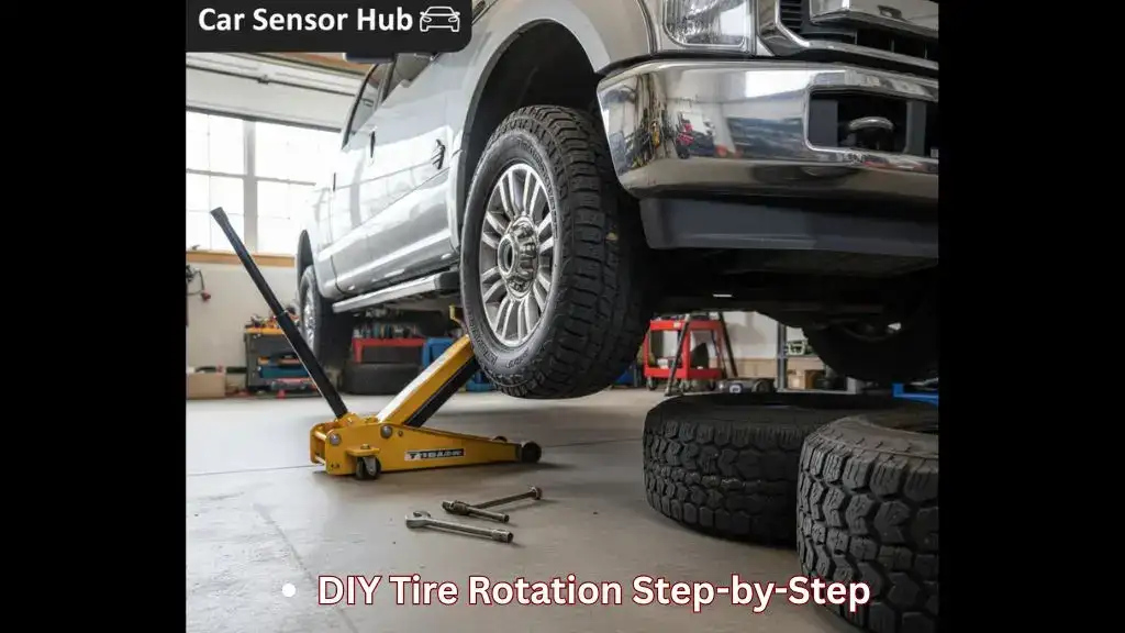 Person rotating tires on a Ford F-250 in garage using tools