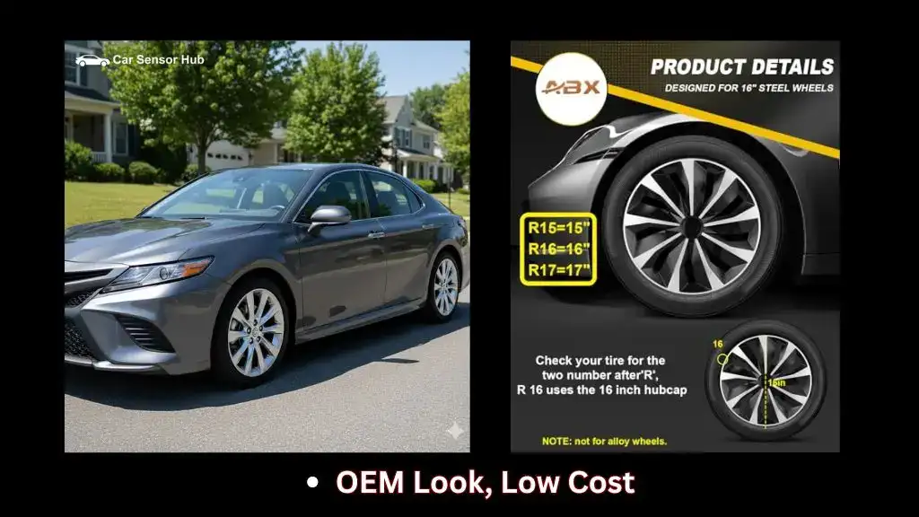 Toyota Camry with new silver hubcaps installed on all four wheels