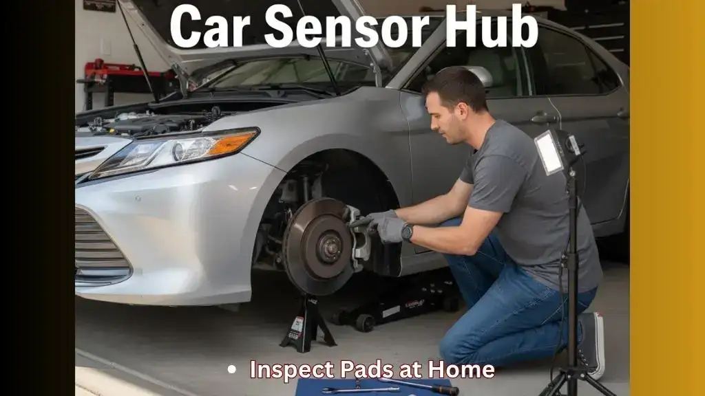 Person inspecting Toyota Camry brake pads with wheel removed