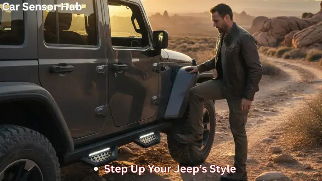 Jeep Wrangler with black running boards parked on rocky terrain during sunset