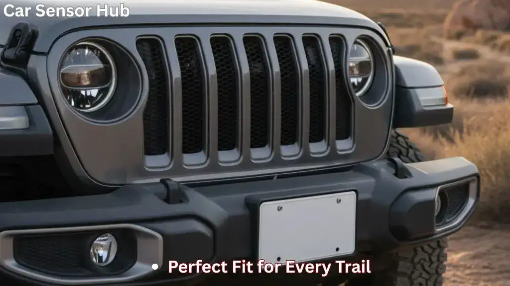 Jeep Wrangler front license plate bracket securely mounted with rugged metal design